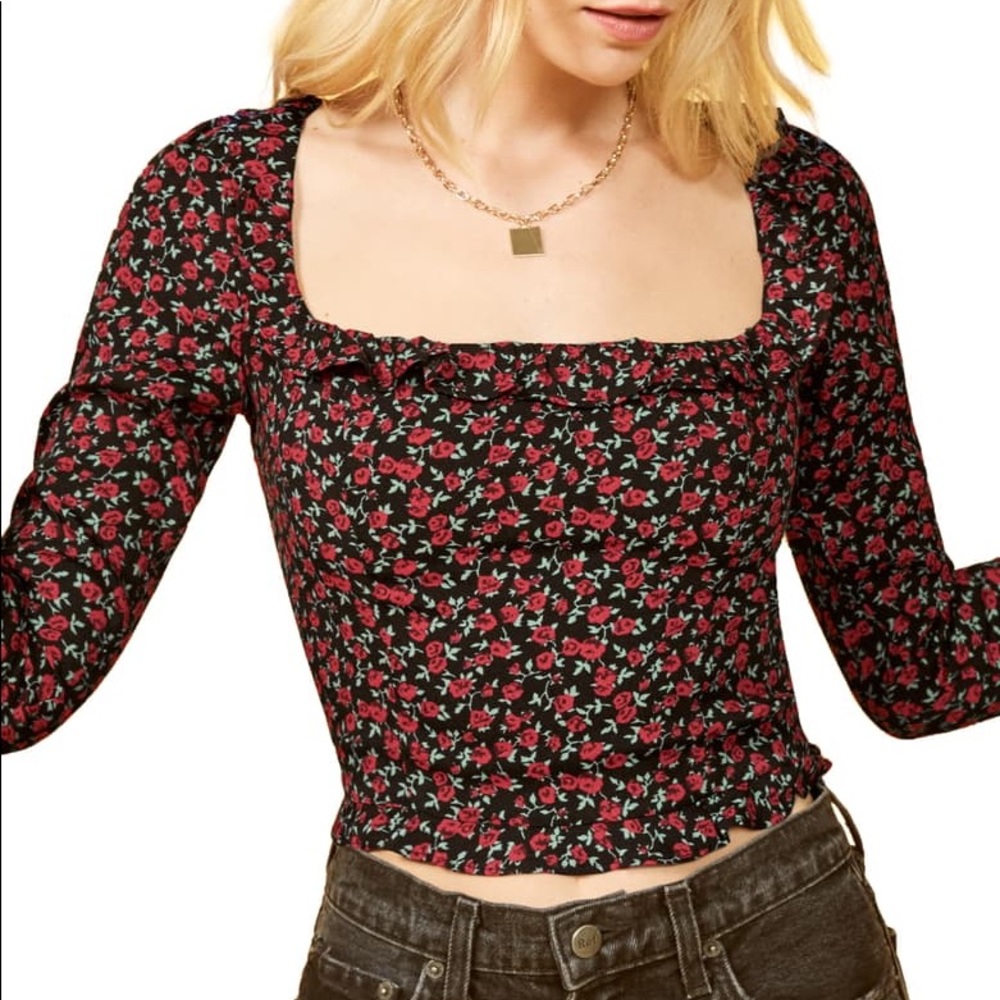 Reformation Barb Top in Mabel Black Rose Print